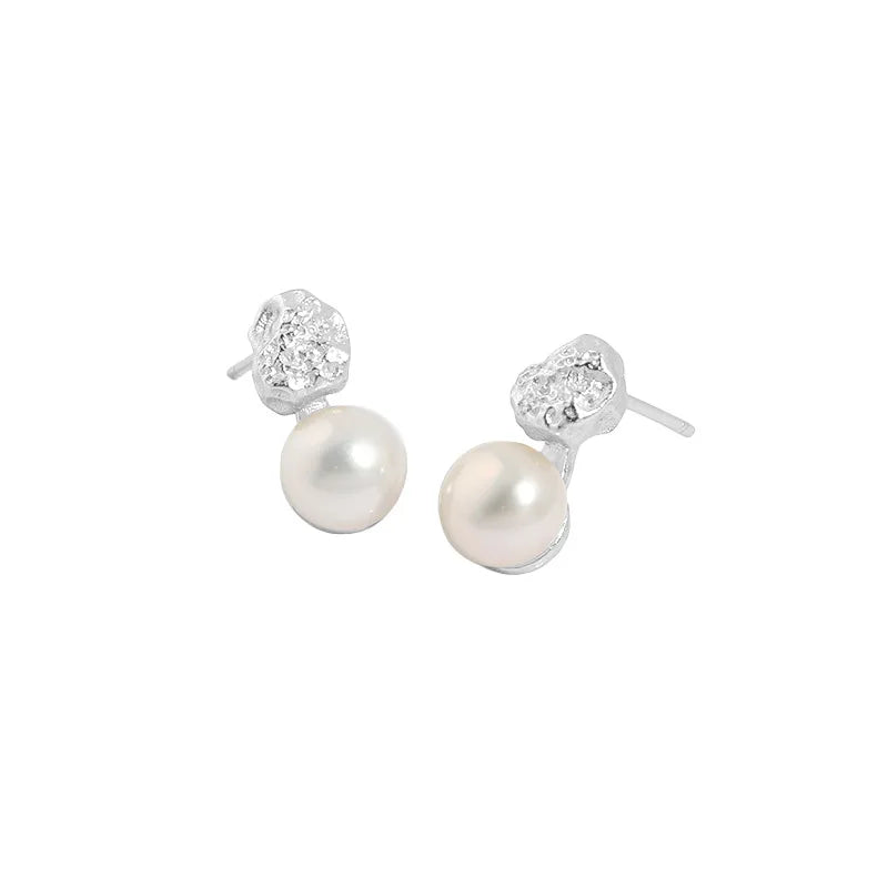 100% 925 Sterling Silver ins niche design minimalist irregular surface micro-inlaid freshwater pearls Stud Earrings