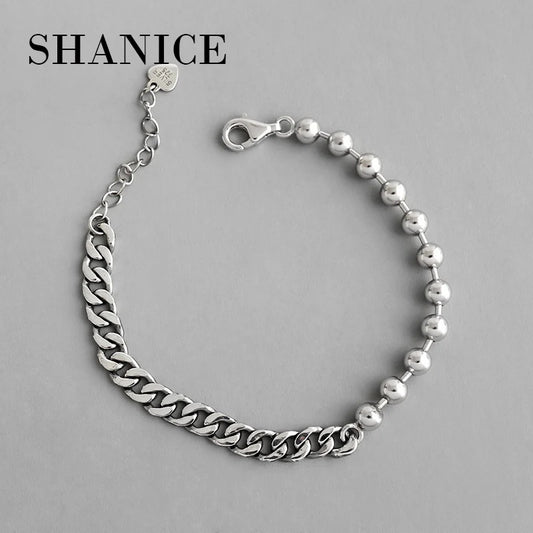 SHANICE100% S925 Sterling Silver Punk Rock Curb Cuban Link Chain Silver Beads Bracelet For Women Biker Jewelry