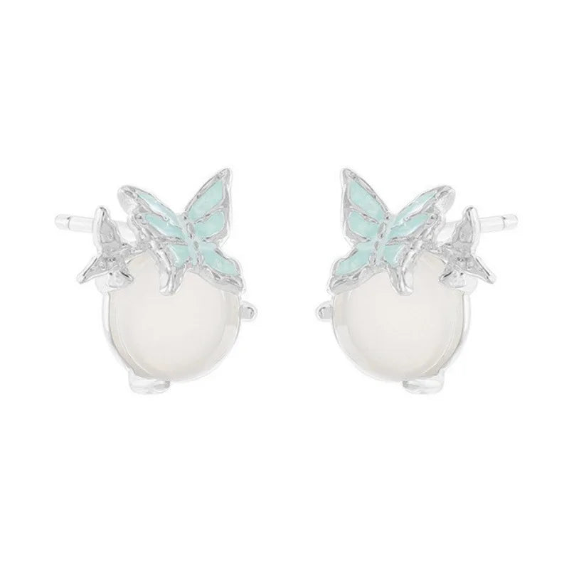 100% 925 Sterling Silver Simple and versatile light blue drop glue butterfly white agate earrings Korean version jewelry