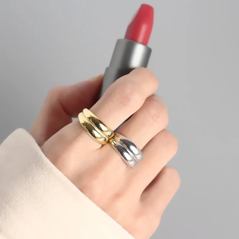 925 Sterling Silver Opening Ring Minimalist INS Geometric Double Layer Simple Round Fashion Silver Jewelry Bijoux Femme