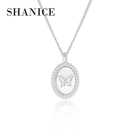 SHANICE  S925 Sterling Silver Round Label Butterfly Pendant Necklace For Women Bridal Wedding Accessories Birthday Charm Jewelry