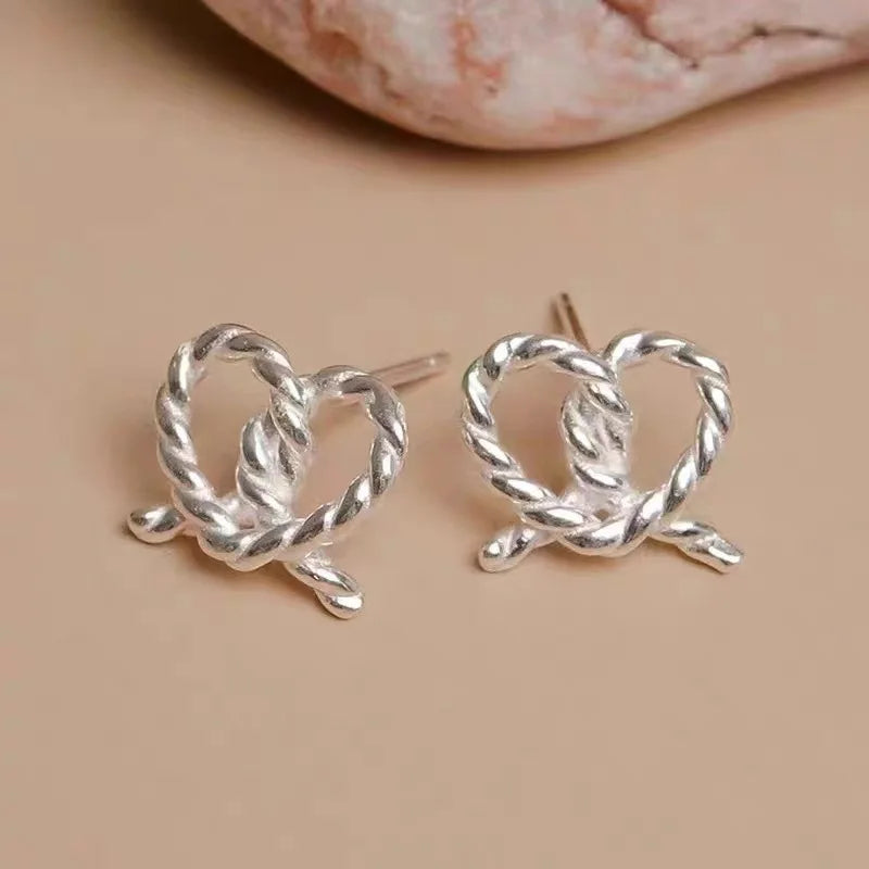100% 925 Sterling Silver Sweet Cute Twist Bow Stud Earrings for Women Fashion Simple Charm Party Statement