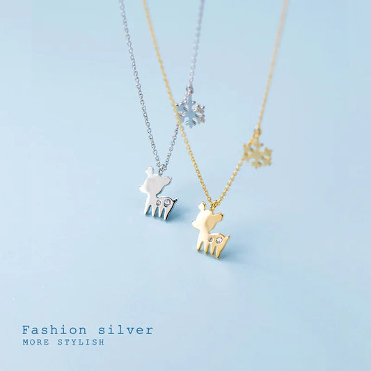 100% S925 Sterling Silver Christmas necklace with smooth diamond studded deer antlers sweet snowflakes elk Jewelry