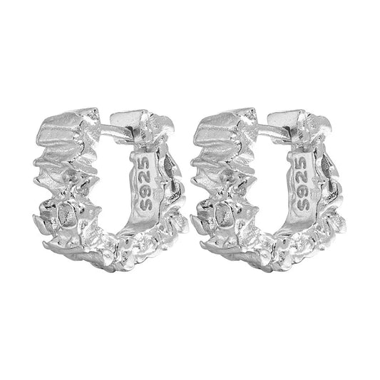 100% S925 Sterling silver Lava Hammered Embossed Earrings Chunky Hoop Earrings For Women aretes de mujer
