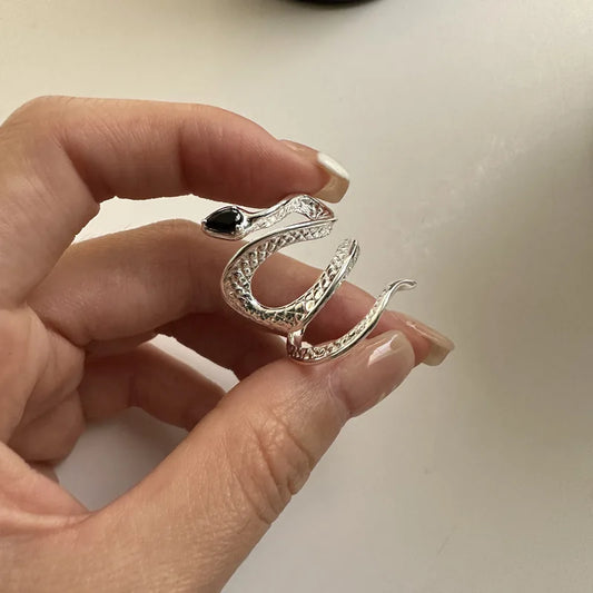 925 Sterling Silver Punk Animal Snake Open Adjustable Ring for Women Men Black Zircon Retro Textures Fashion Jewelry Gift