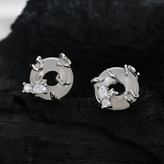 Chinese style sweet cool S925 pure silver safety buckle earrings for women, small and exquisite diamond inlaid jade earrings