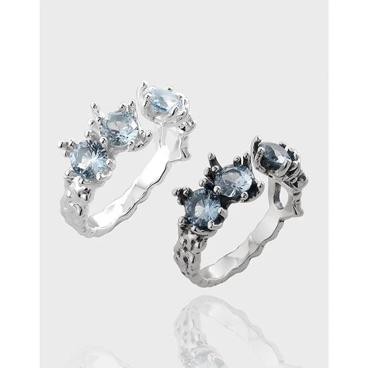 100% S925 Sterling Silver Korean irregular texture shallow sea blue zirconium Open Rings For Women Trendy Party Jewelry And As G