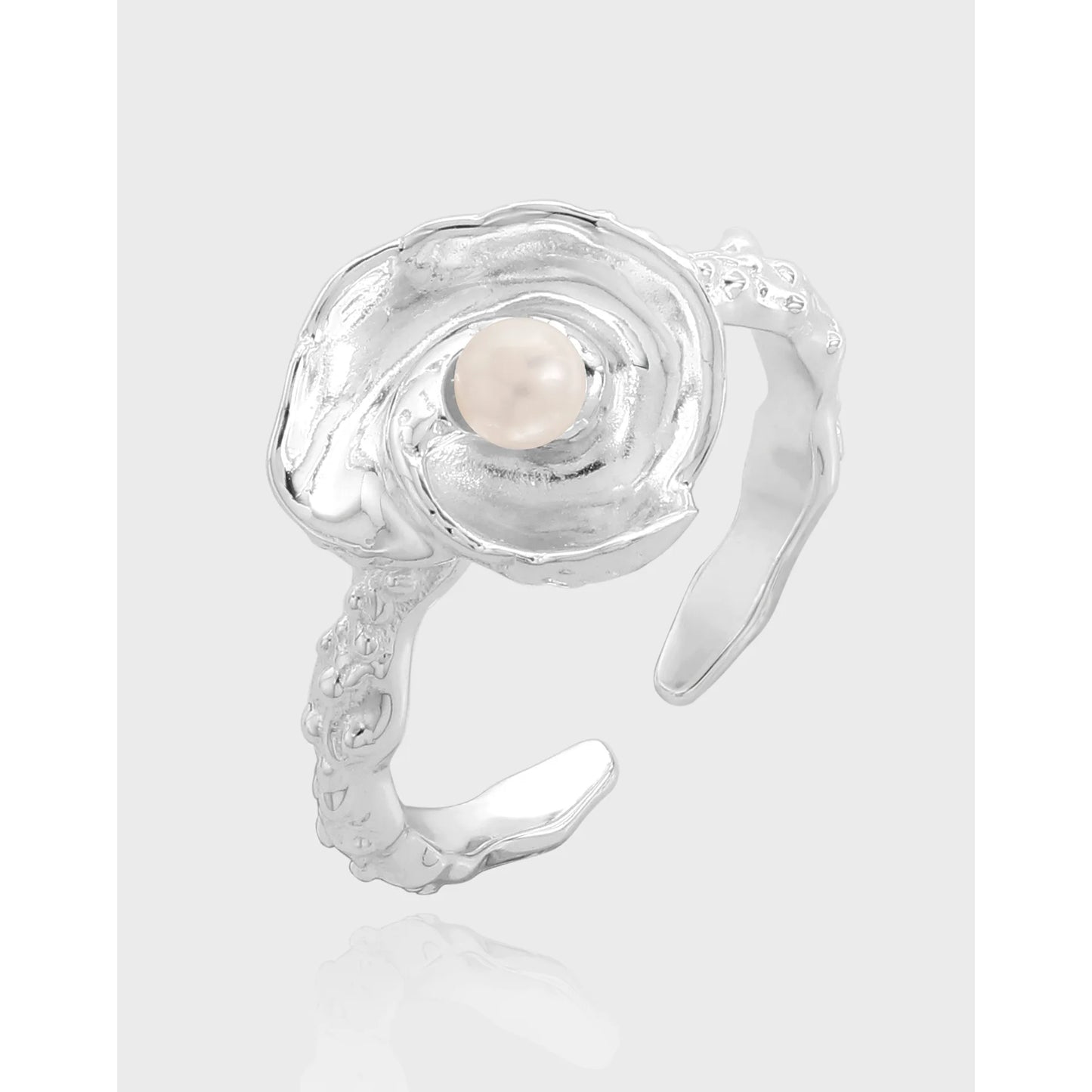 100% Authentic 925 sterling silver Natural pearl irregular wrinkled texture ring with conch shaped design open ring
