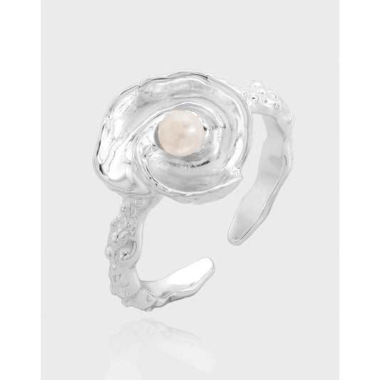 100% Authentic 925 sterling silver Natural pearl irregular wrinkled texture ring with conch shaped design open ring