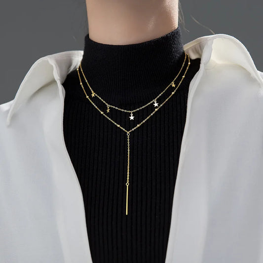 100% S925 Sterling Silver Star Necklace for Women Double Laryered Long Chain Drop Pendant Choker Necklaces Fashion Gifts