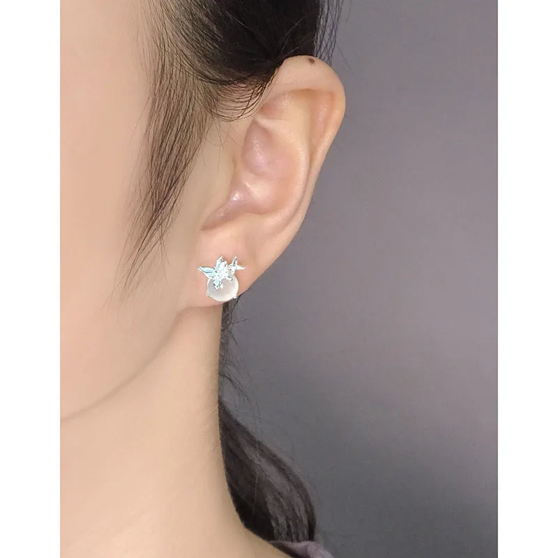 100% 925 Sterling Silver Simple and versatile light blue drop glue butterfly white agate earrings Korean version jewelry