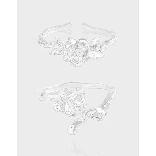 100% S925 Sterling Silver Flower Opening Rings for Women Rose Cherry Blossom Adjustable Finger Ring Wedding Jewelry