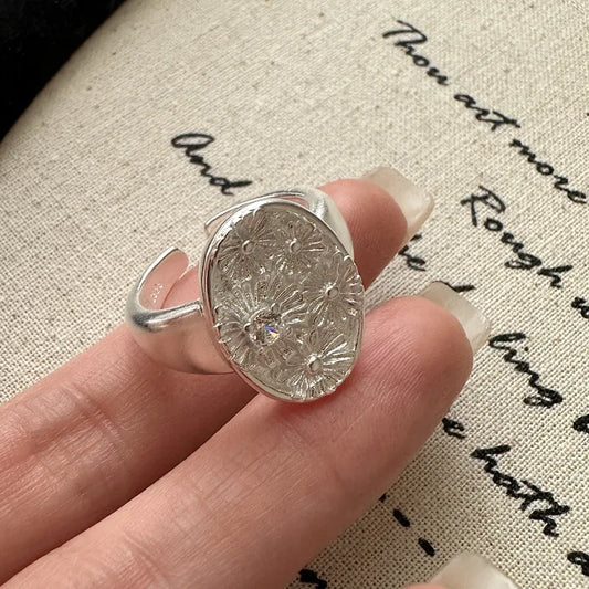  S925 Sterling Silver Zircon small flower simple ring Korean version Korean style retro ring wholesale